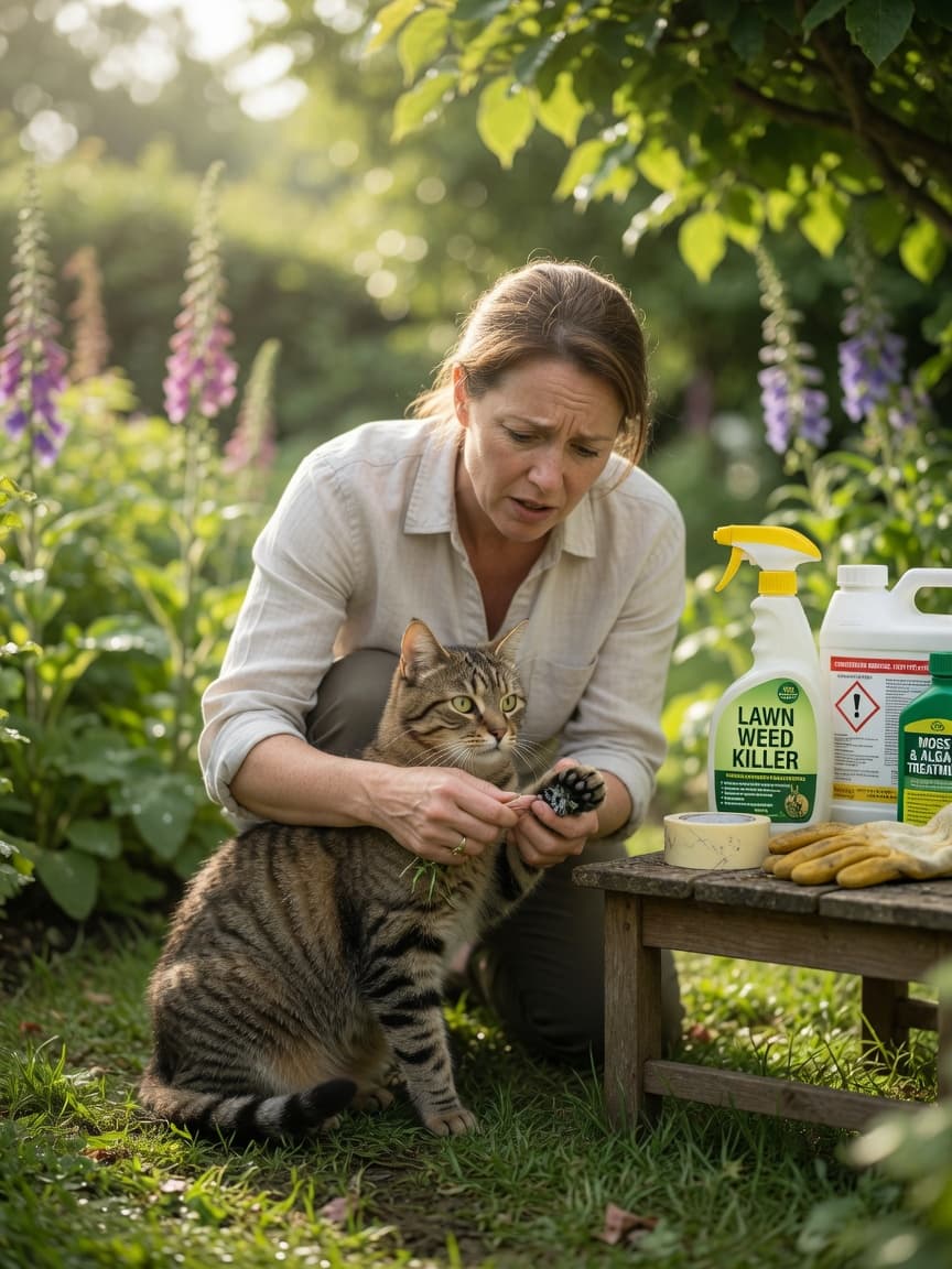 Cat owner examining their cat's paws in a garden after chemical treatment, with garden chemical bottles visible on a nearby table
