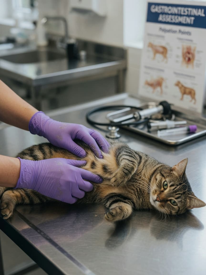 Veterinarian examining a tabby cat's abdomen on an examination table during a digestive health assessment
