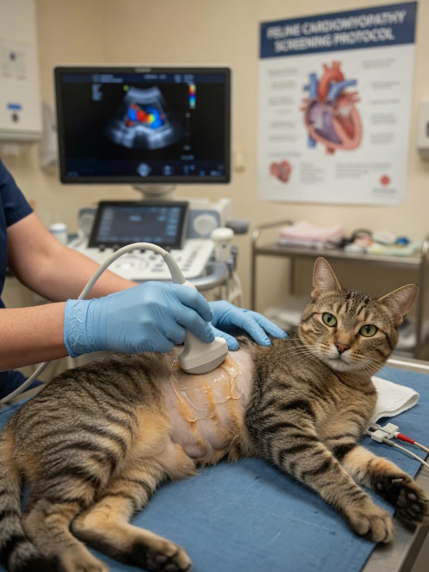 Veterinarian performing cardiac ultrasound examination on a tabby cat during heart health assessment