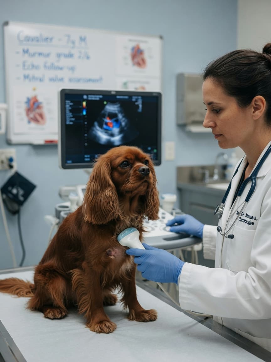 Cavalier King Charles Spaniel undergoing echocardiogram cardiac screening with veterinary cardiologist