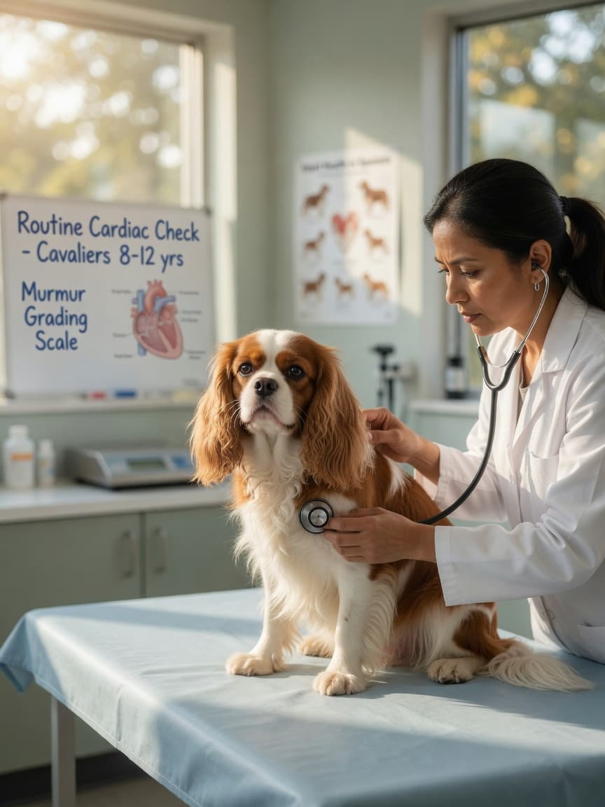 Cavalier King Charles Spaniel being examined by veterinarian with stethoscope at clinic