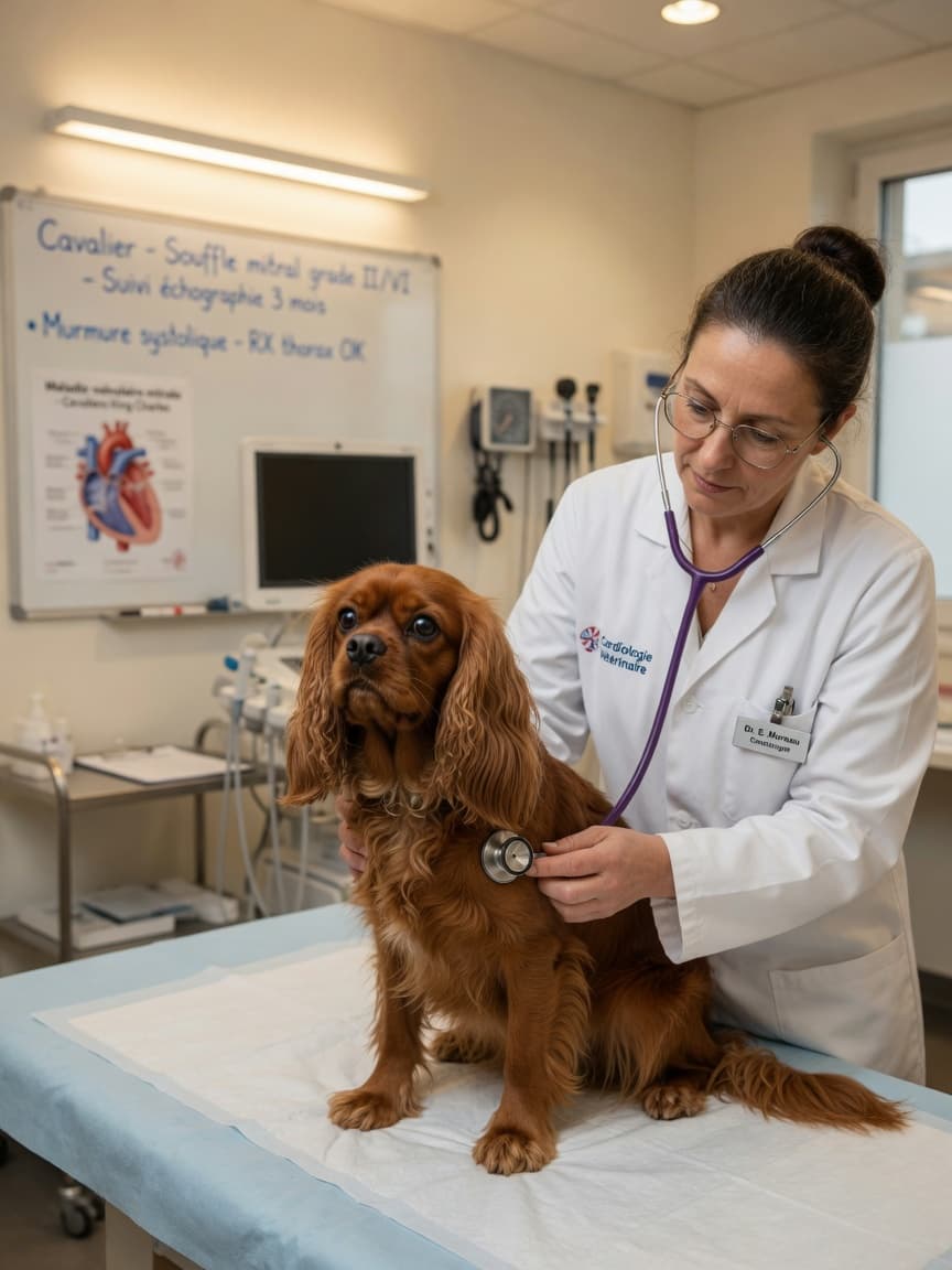 Veterinary cardiologist performing cardiac auscultation on a Cavalier King Charles Spaniel during heart murmur screening
