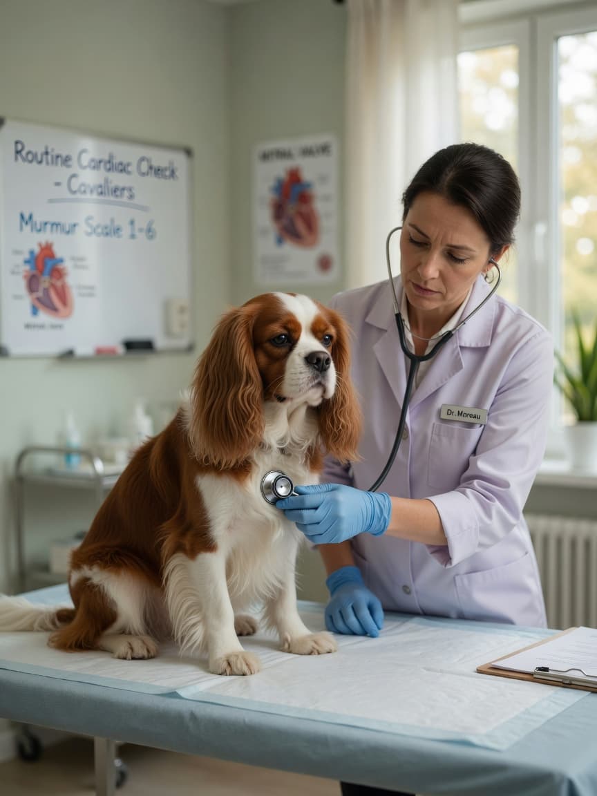 Veterinarian performing cardiac auscultation on a Cavalier King Charles Spaniel using a stethoscope during a heart disease screening examination