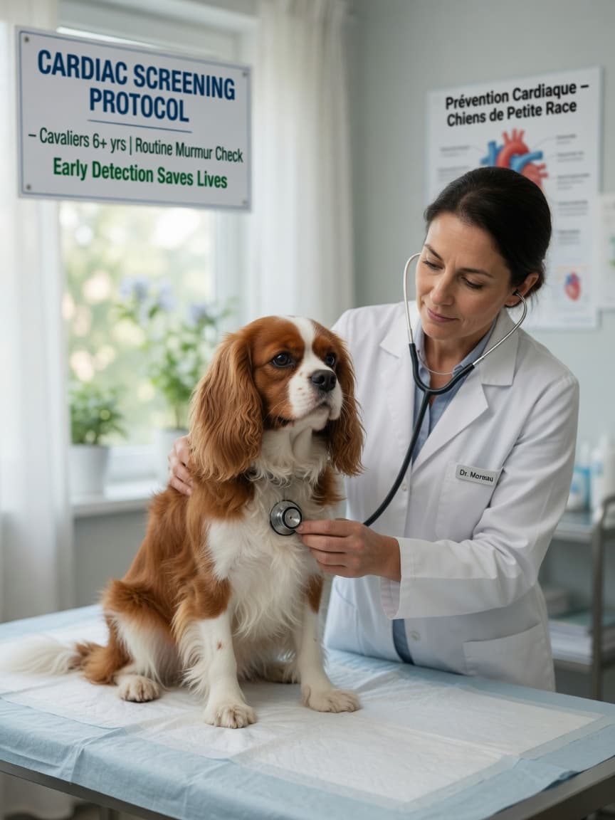 A gentle veterinary examination: a healthy Cavalier King Charles Spaniel being listened to with a stethoscope by a compassionate vet during a cardiac screening
