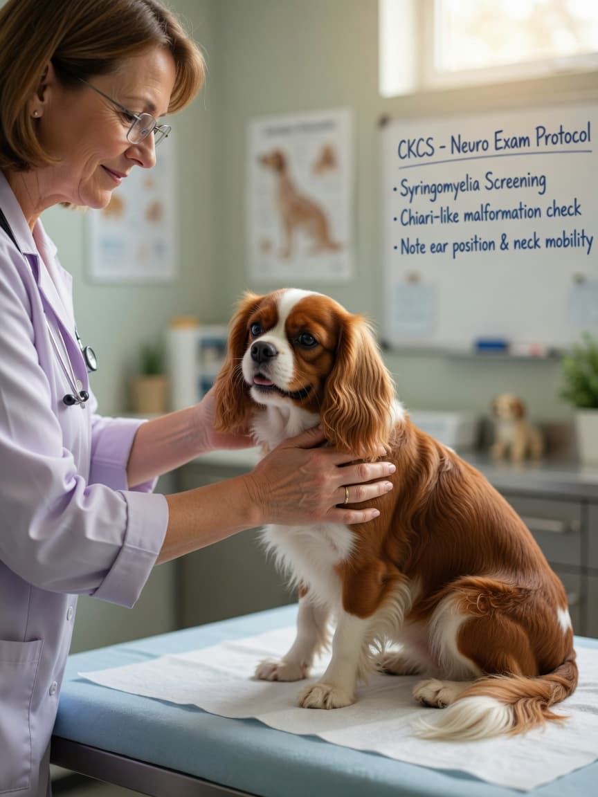 Veterinary neurologist gently examining a Cavalier King Charles Spaniel's neck and shoulders during a calm clinical examination