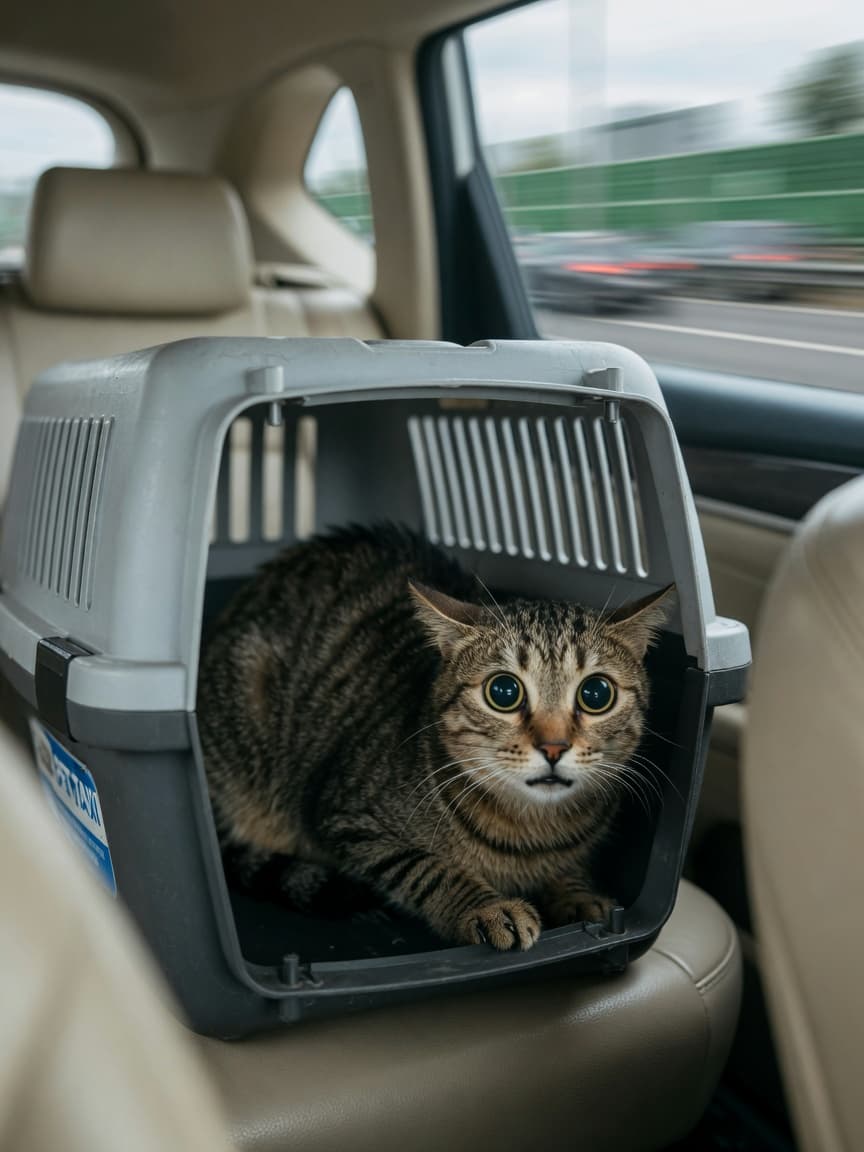Anxious tabby cat in pet carrier during car travel showing signs of distress and anxiety