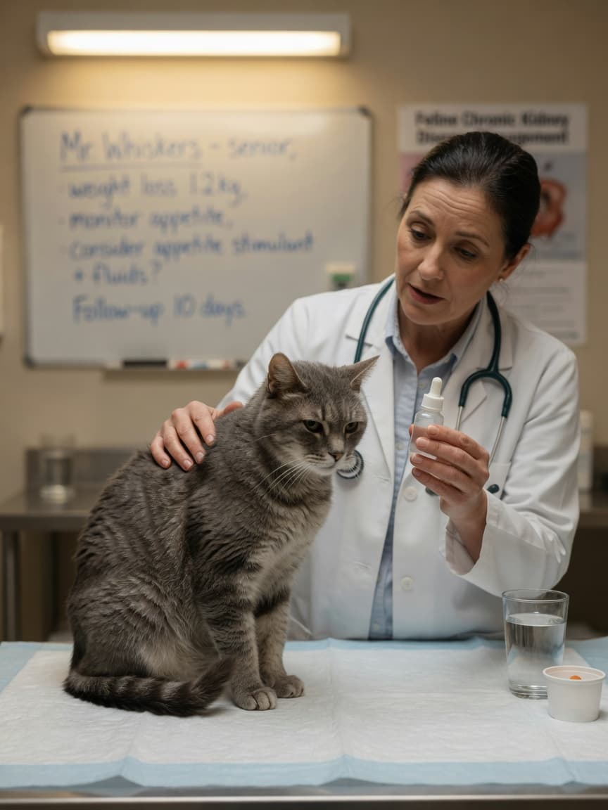 Senior grey tabby cat at veterinary consultation with vet discussing treatment options