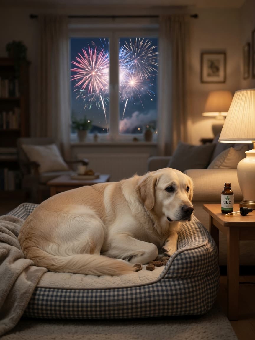Anxious golden retriever on a bed with fireworks visible through a window at night, CBD oil bottle and dropper on nearby table