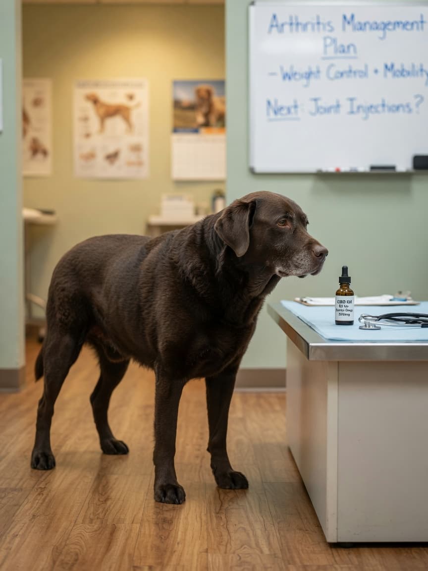An older dog with limping posture standing beside veterinary supplies including CBD oil, illustrating joint pain and arthritis treatment options.