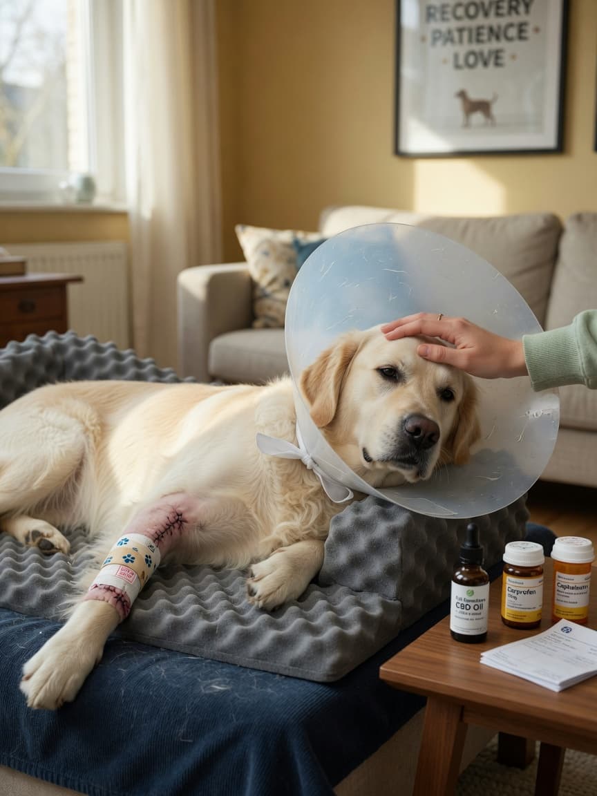 Golden Retriever recovering from surgery, wearing a cone collar, resting on orthopedic bed with owner's hand nearby and CBD oil bottle on table