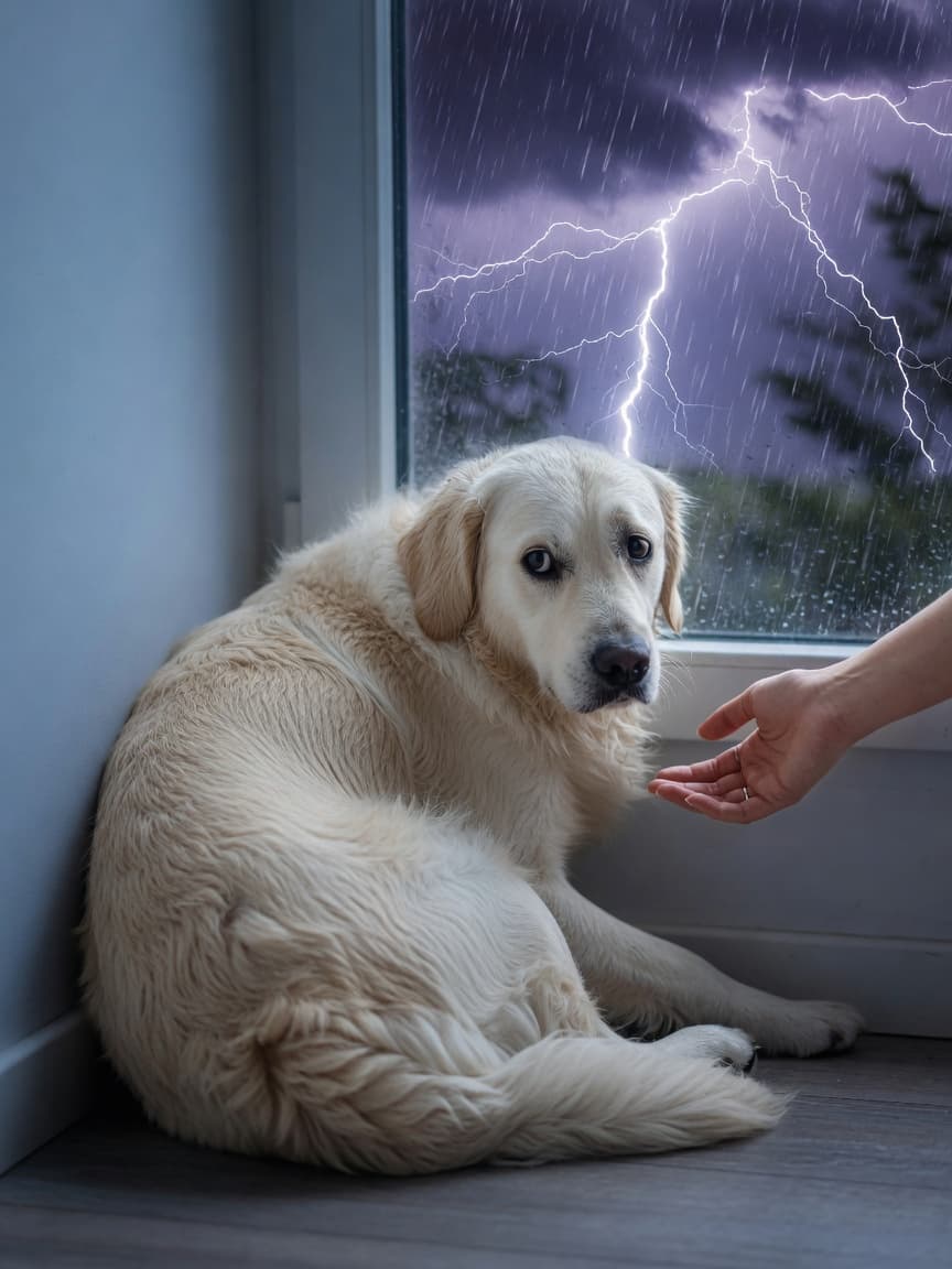Frightened golden retriever trembling in corner during thunderstorm with owner's reassuring hand nearby