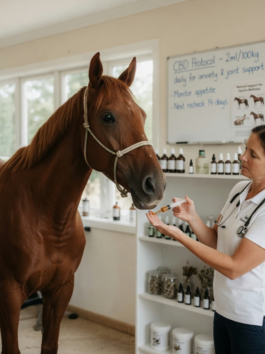 Equine veterinarian administering CBD supplement to a calm chestnut horse in a bright clinic setting