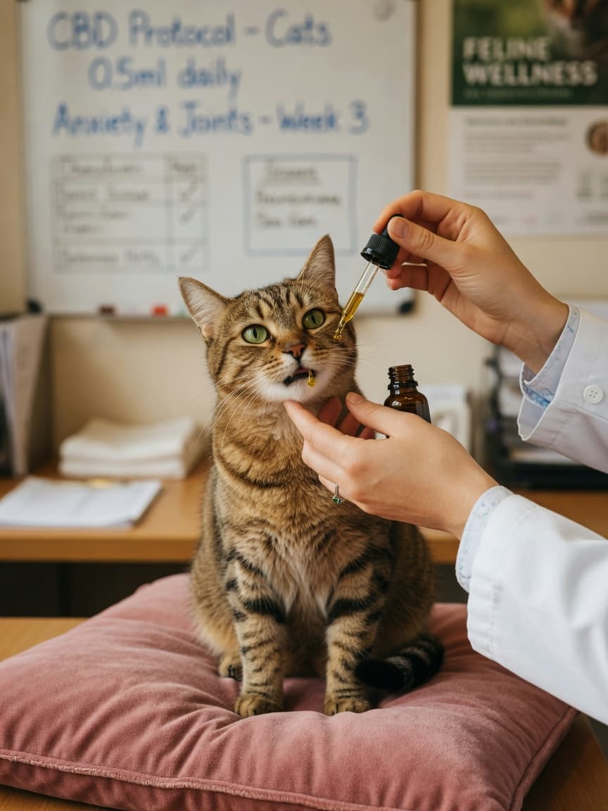 Veterinarian administering CBD oil drops to a tabby cat during a clinical consultation