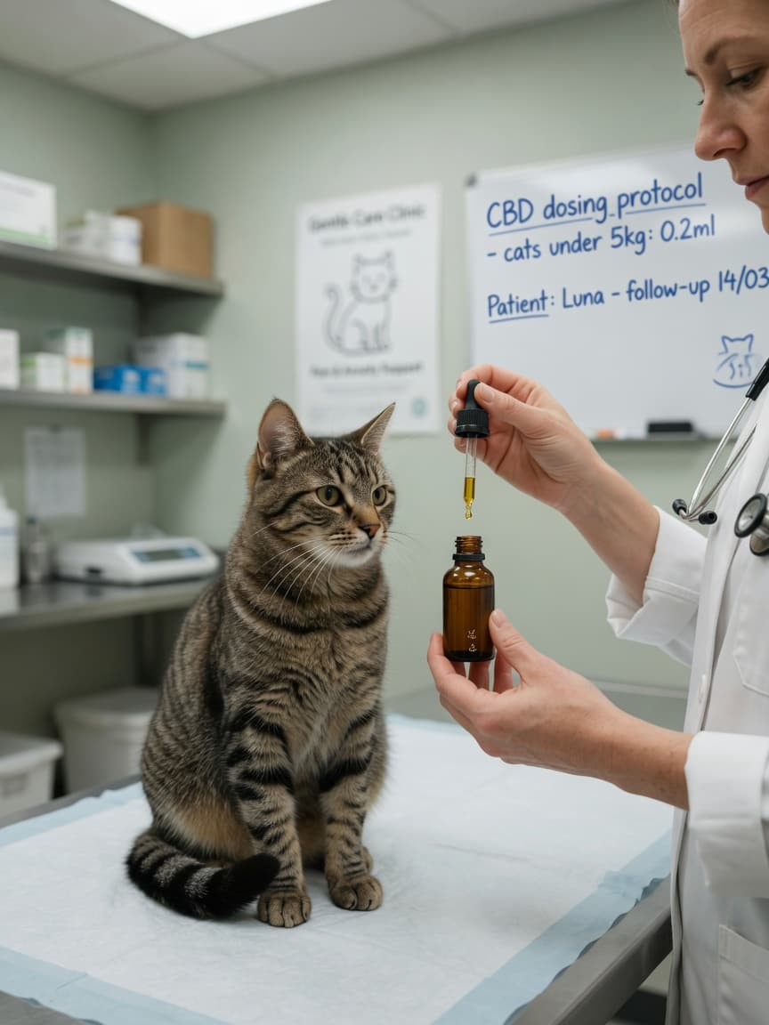 Veterinarian carefully administering CBD oil to a calm tabby cat during a clinical consultation