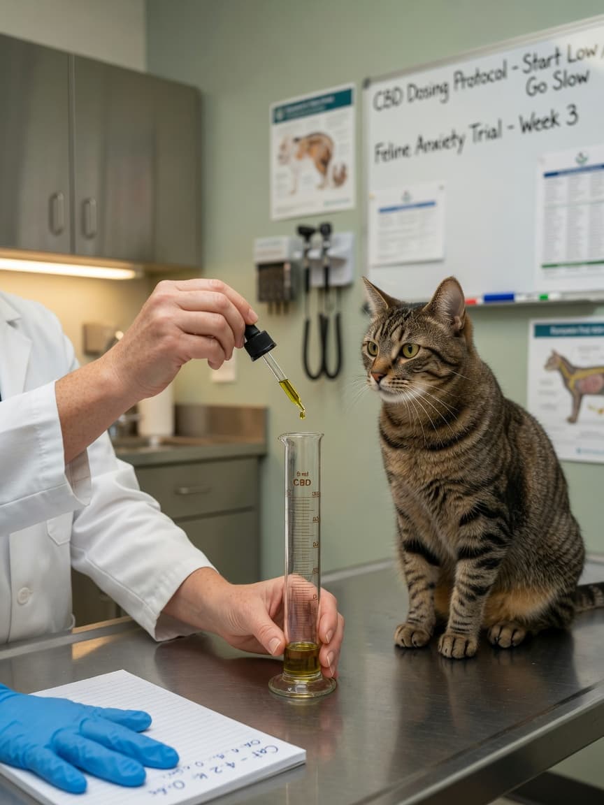 Veterinarian measuring CBD oil with precision dropper while tabby cat observes in modern clinic setting