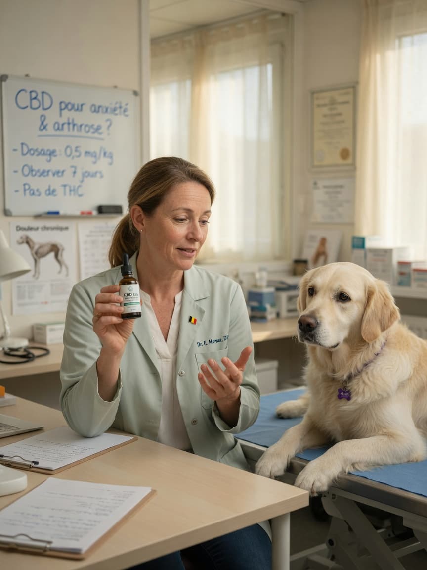 A Belgian veterinarian discussing CBD oil with a dog owner during a professional consultation