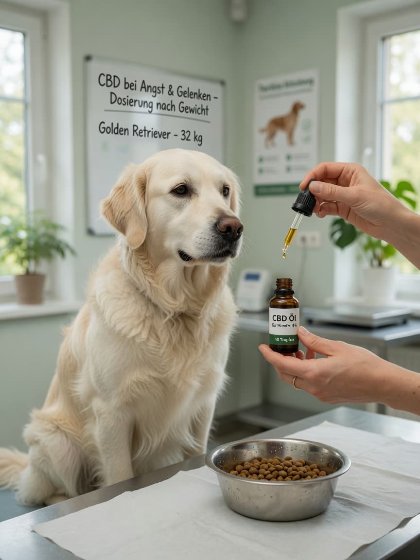 Veterinarian demonstrating CBD oil dosing for a golden retriever in a modern European clinic setting