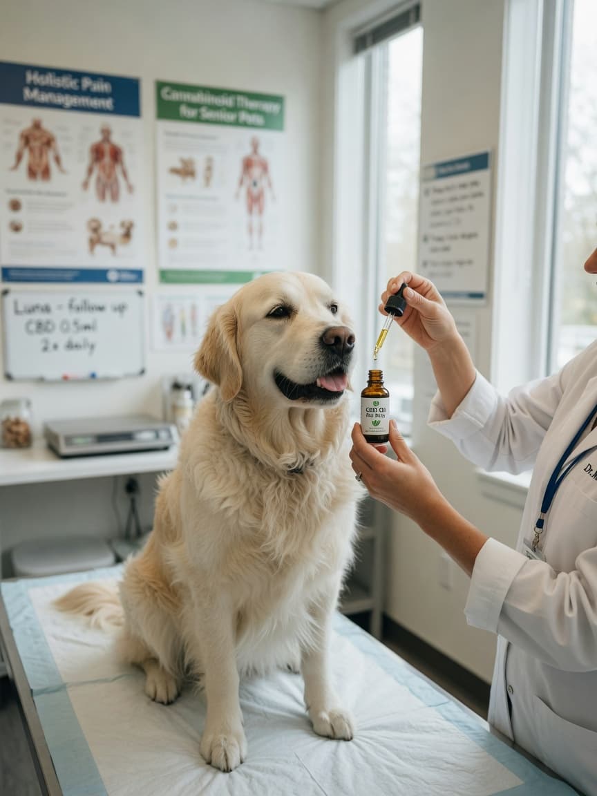 Veterinarian administering CBD oil to a golden retriever during a clinical examination