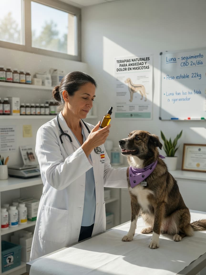Spanish veterinarian in white coat carefully examining a small amber CBD oil bottle during a dog's consultation at a modern clinic.