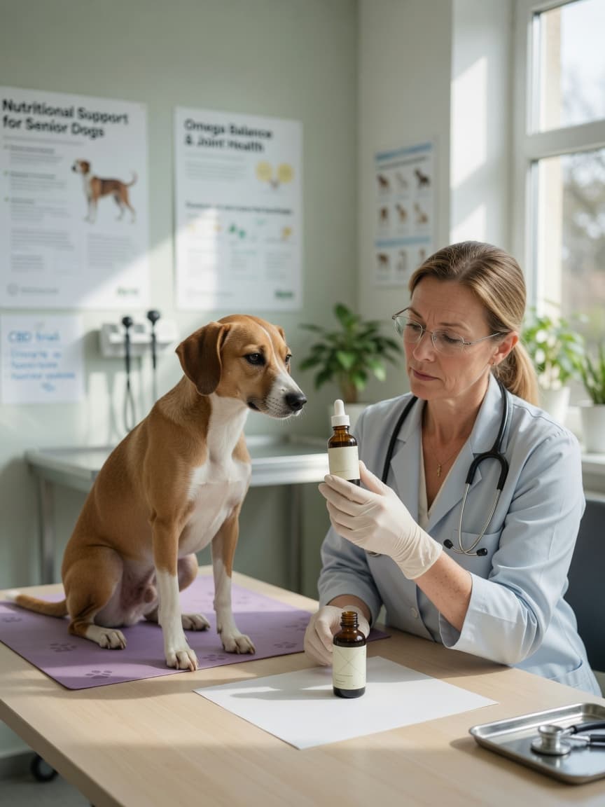 A CBD oil bottle beside a dog during a veterinary consultation, representing the legal and quality considerations for CBD products in the UK