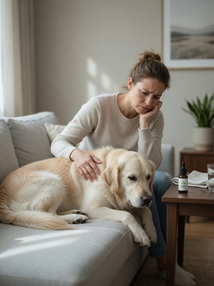 Pet owner monitoring their drowsy Golden Retriever after CBD administration, with concern visible in their expression