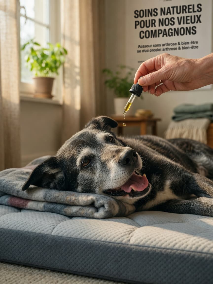 Senior dog receiving CBD oil drops from owner's hand while resting on orthopedic bed in warm home lighting