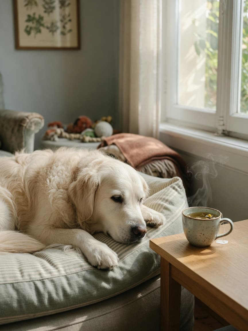 Golden retriever resting peacefully on a bed with chamomile tea remedy nearby in natural window light