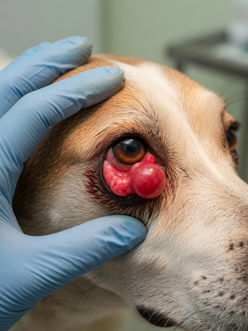 Close-up of a dog's eye with cherry eye prolapse showing red/pink tissue bulging from inner corner, veterinarian's gloved hand examining the affected eye