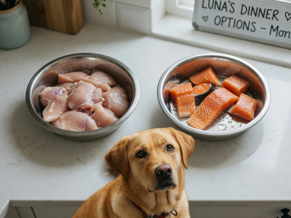 Two dog food bowls with chicken and salmon side by side, with a golden Labrador studying both options