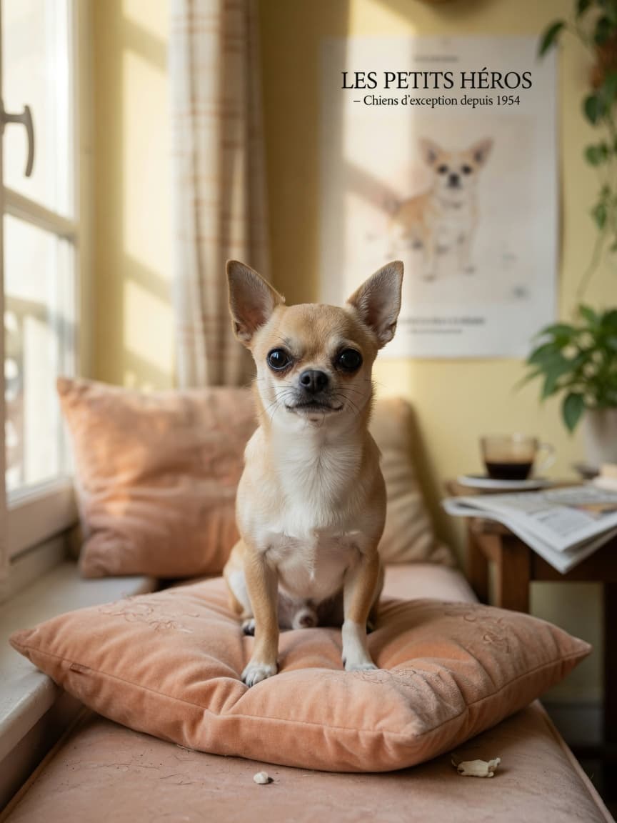 Apple-head Chihuahua with tan and white coat sitting confidently on a cushion in a bright home setting, displaying the breed's characteristic alert expression and small frame