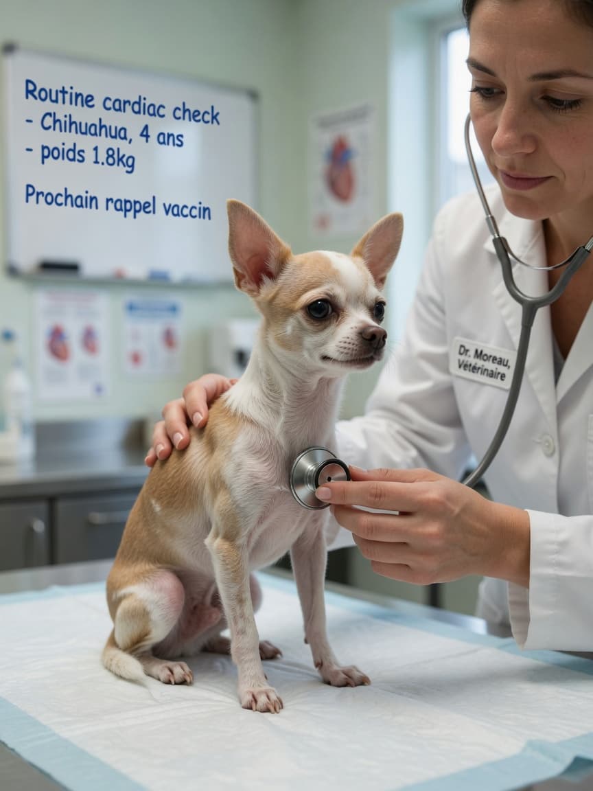 Veterinarian listening to a Chihuahua's heart with a stethoscope during cardiac examination