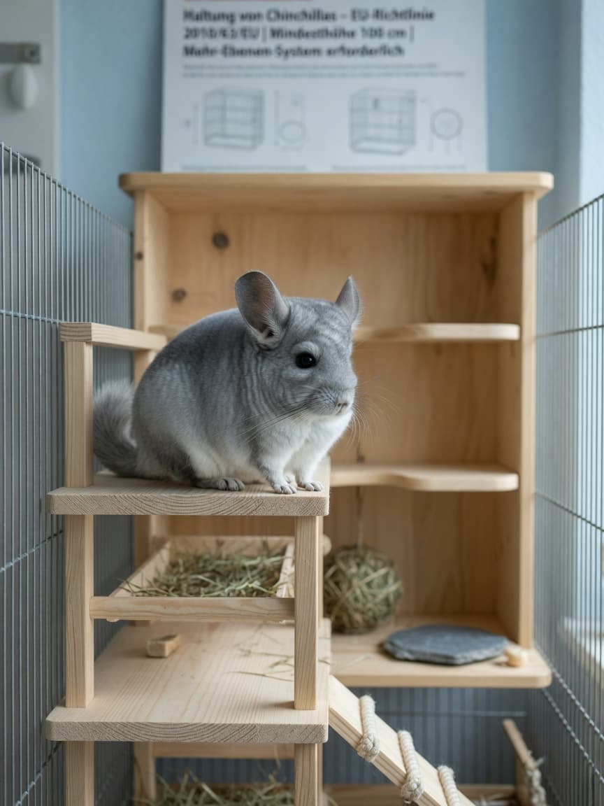 A captive-bred chinchilla with dense silvery-gray fur and large ears sitting on wooden platforms inside a tall multi-level cage, demonstrating proper EU housing requirements.