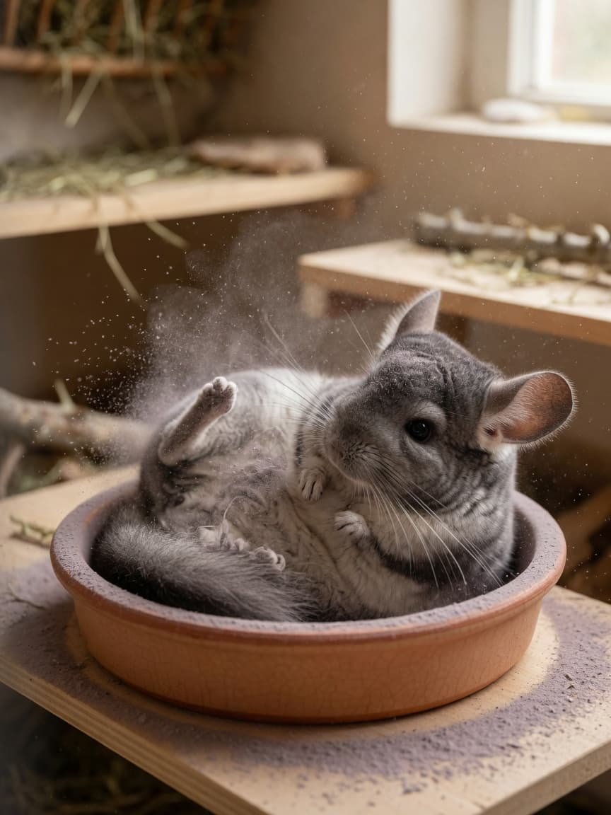 Gray chinchilla taking a dust bath in a ceramic container, rolling in fine volcanic dust to clean its dense coat