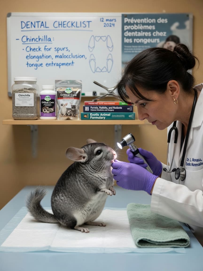 Exotic veterinarian examining a chinchilla's teeth during a dental health check