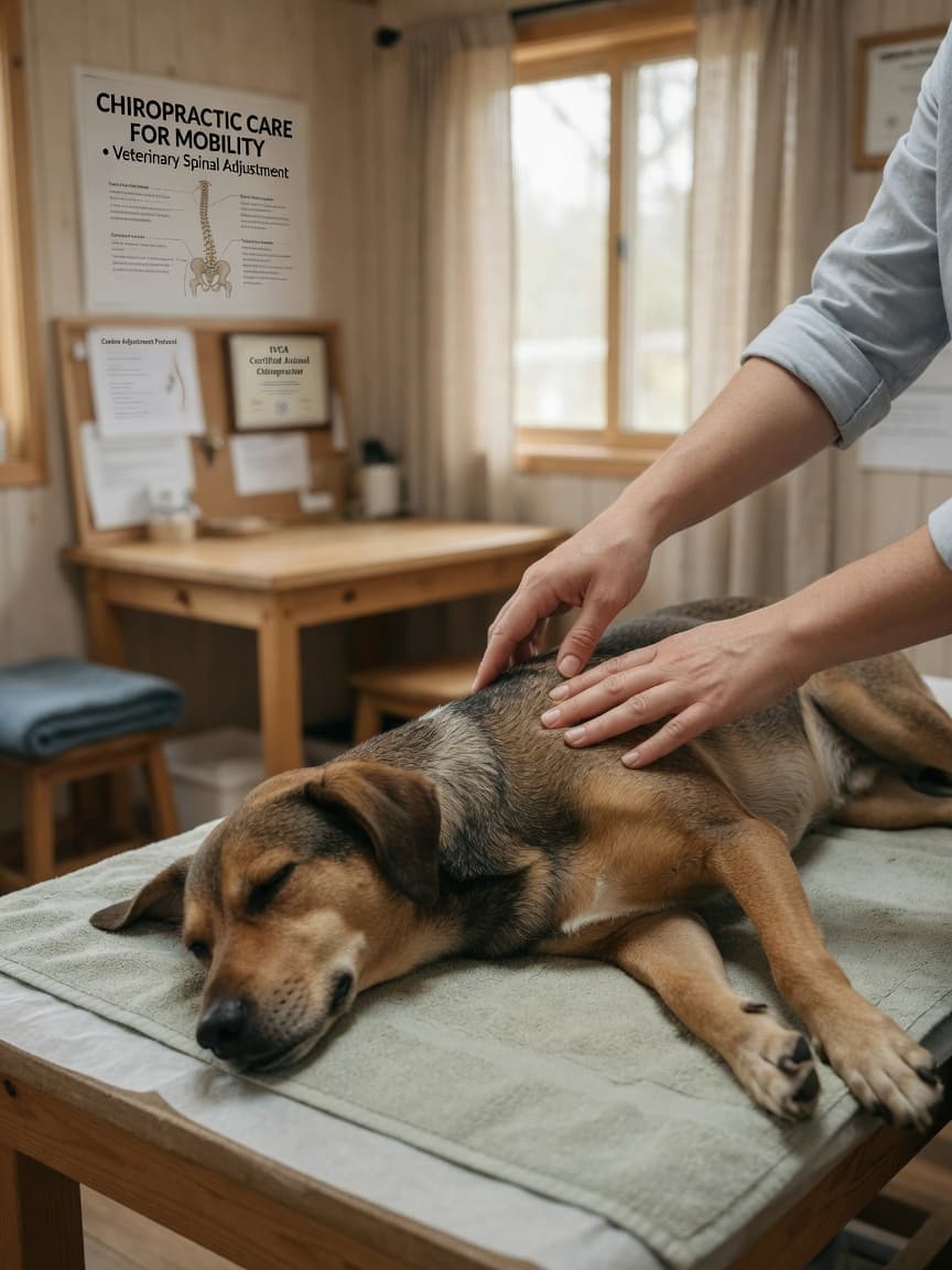 Veterinary chiropractor performing a spinal adjustment on a dog on a treatment table