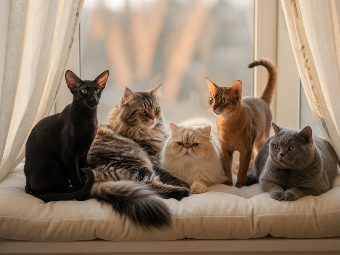 Multiple cat breeds of different temperaments and coat types sitting together in natural window light