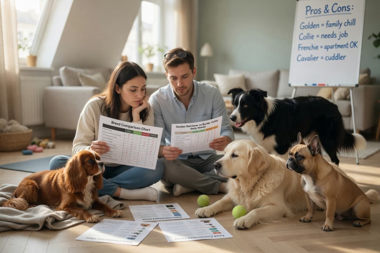 A young couple evaluating different dog breeds in a home setting to assess compatibility with their lifestyle