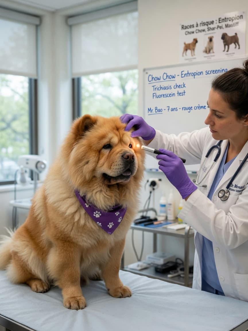 Veterinary ophthalmologist examining a Chow Chow's eyes during a health assessment in a clinical setting