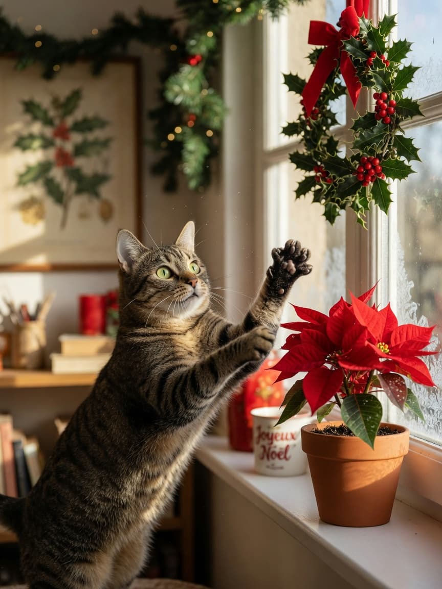 Tabby cat reaching toward a poinsettia plant on a windowsill with Christmas decorations nearby