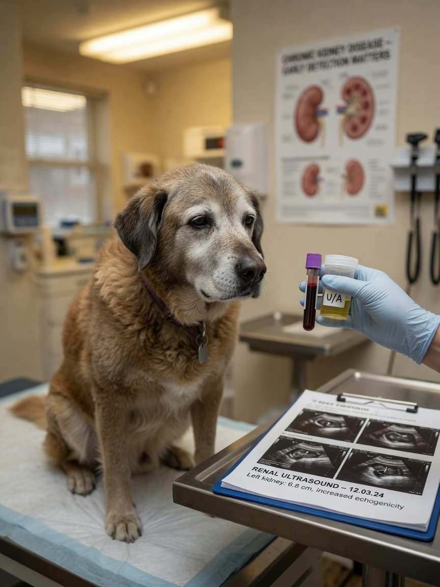 Senior dog at veterinary clinic with vet holding blood and urine samples for kidney disease testing
