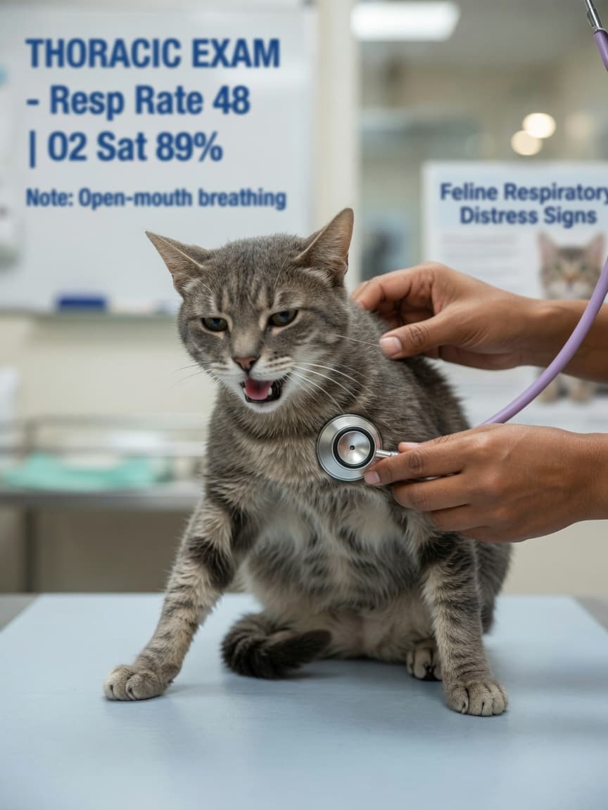 Cat in respiratory distress sitting in elbows-out posture on veterinary table with vet performing chest examination