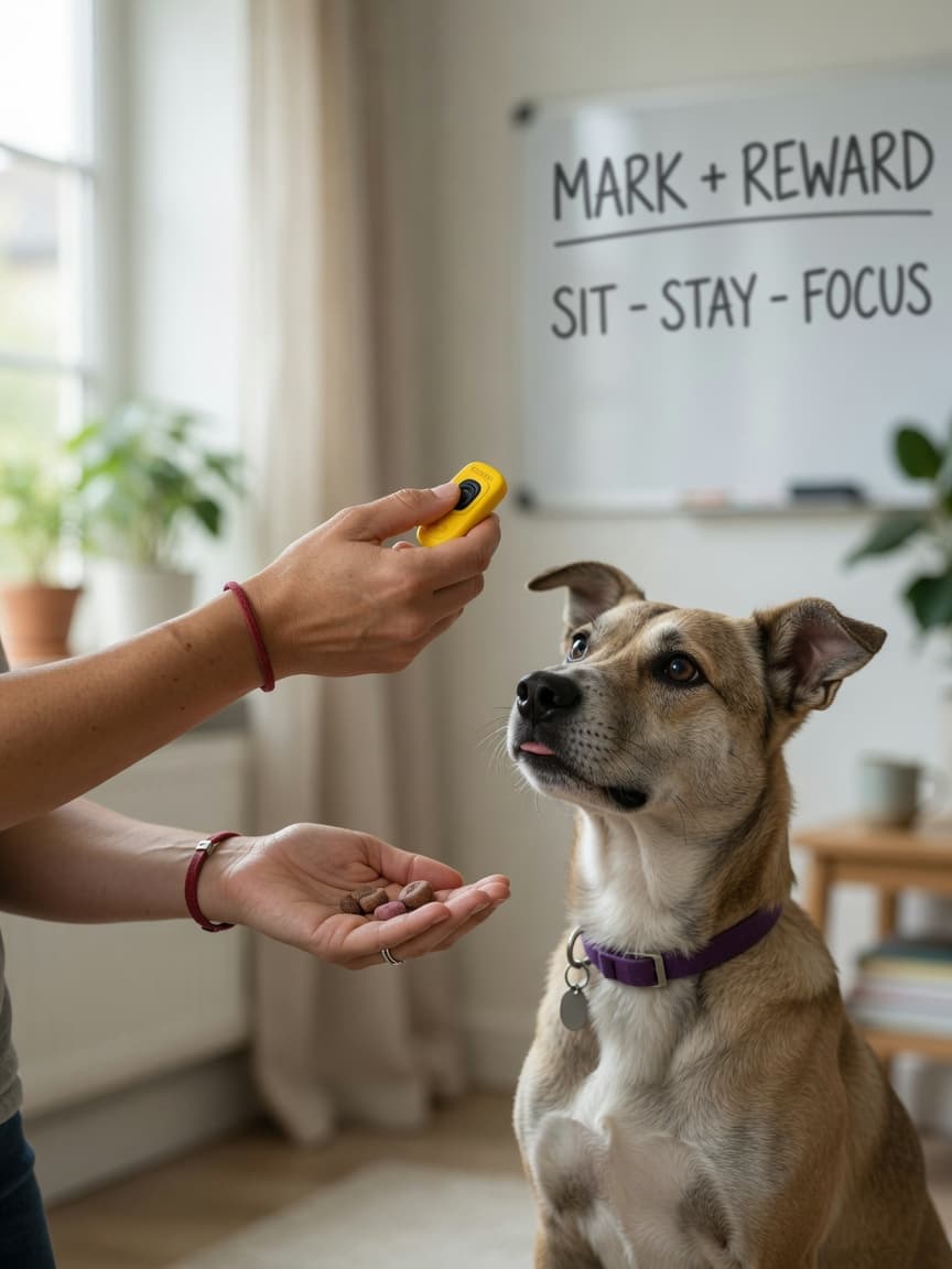 Dog trainer holding a clicker and treat during a training session with an attentive dog