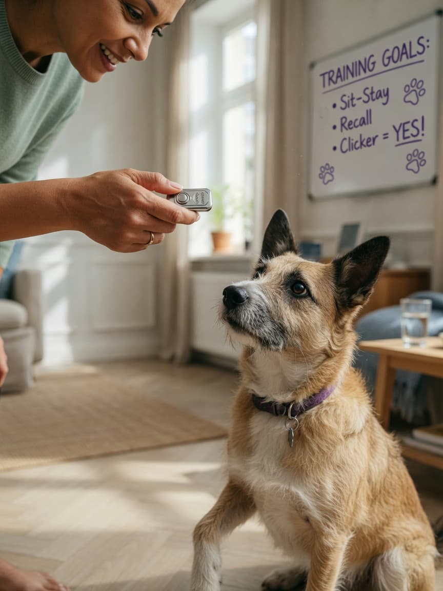 A woman's hand holding a metal clicker above an attentive dog sitting and looking up at her with eager anticipation
