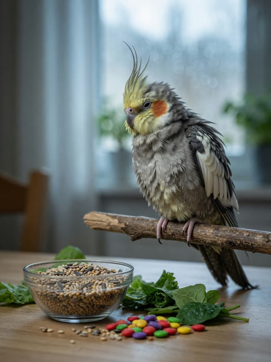 A grey and white cockatiel with dull, ruffled feathers perched beside a bowl of seed mix and fresh vegetables, illustrating the health decline from seed-only diets.