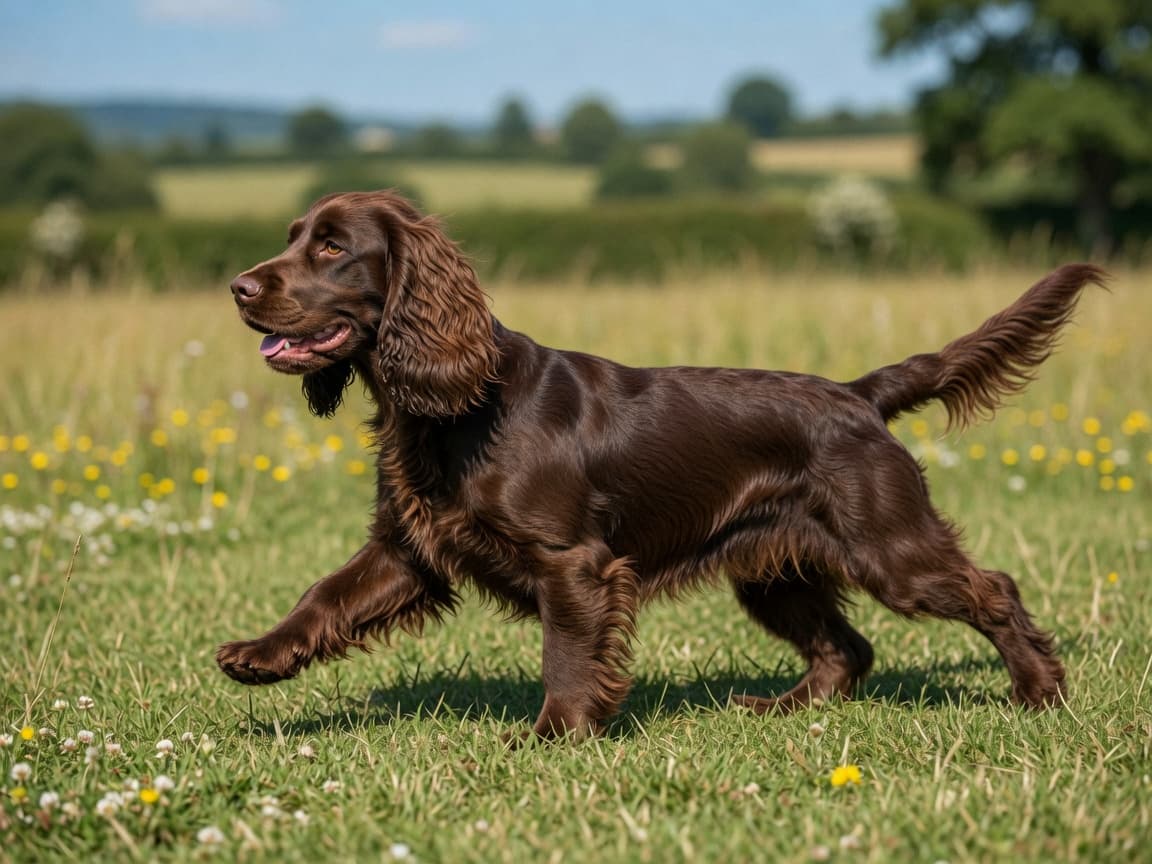 English Cocker Spaniel running through grassland, displaying the breed's athletic build and long silky coat