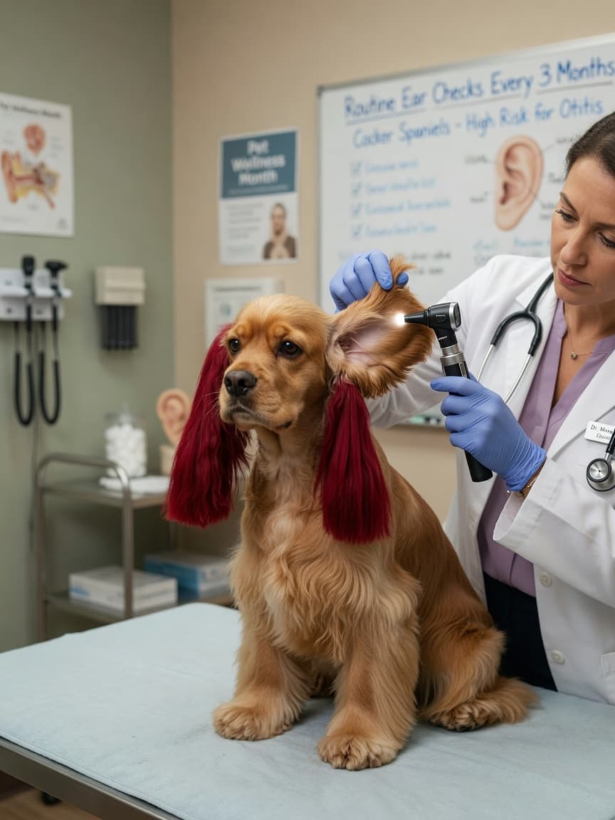 Veterinarian examining a Cocker Spaniel's ear with an otoscope in a clinic setting to screen for ear infections