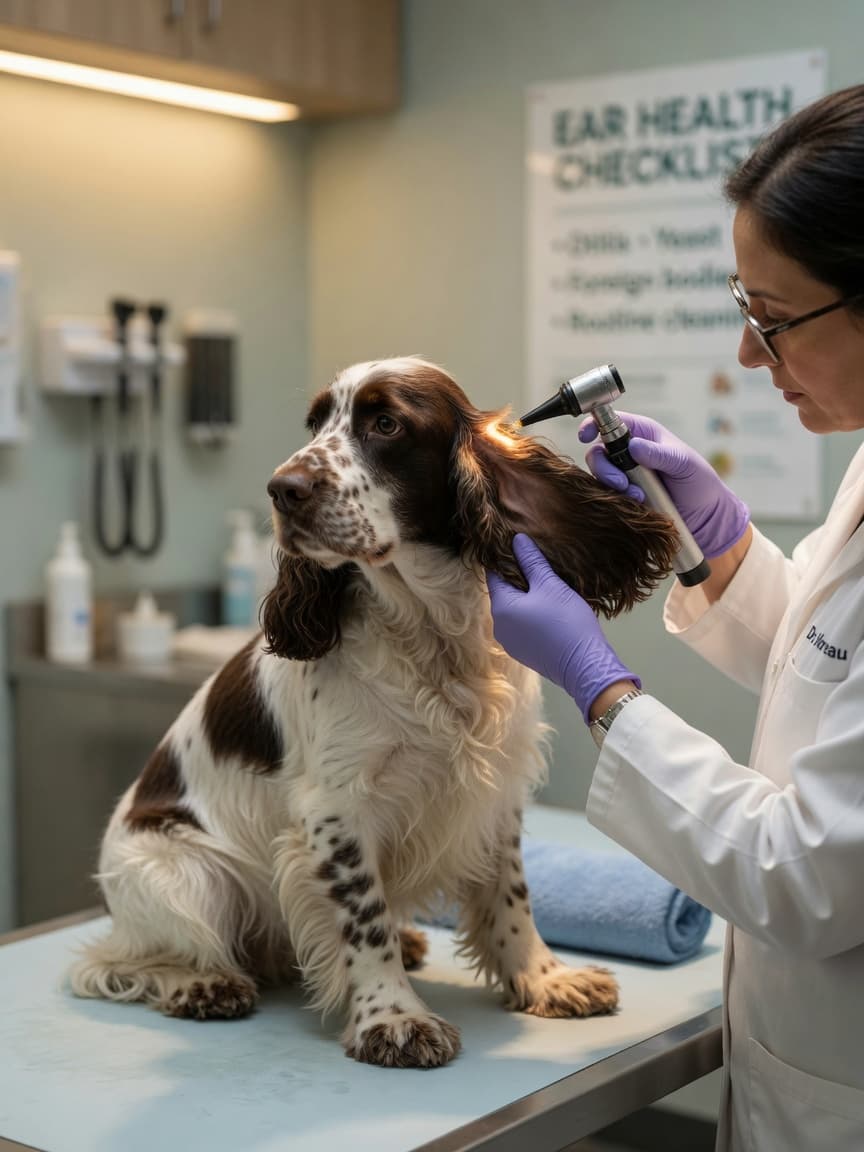 English Cocker Spaniel having its ear examined by a veterinarian during a health check