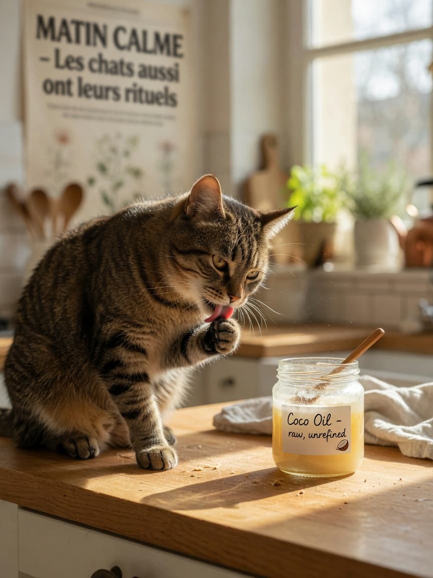 Tabby cat licking paw near a bowl of coconut oil on a kitchen counter
