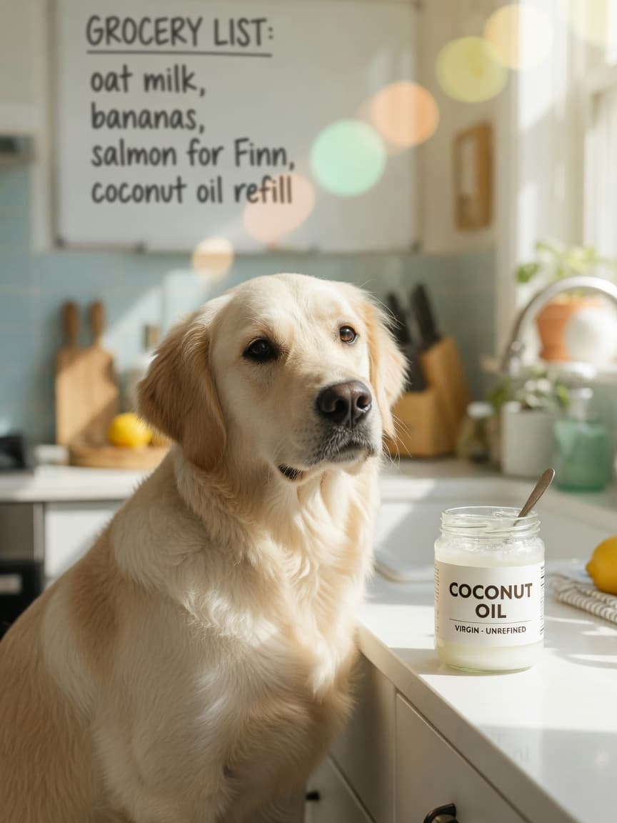 Golden retriever on kitchen counter looking at a jar of coconut oil