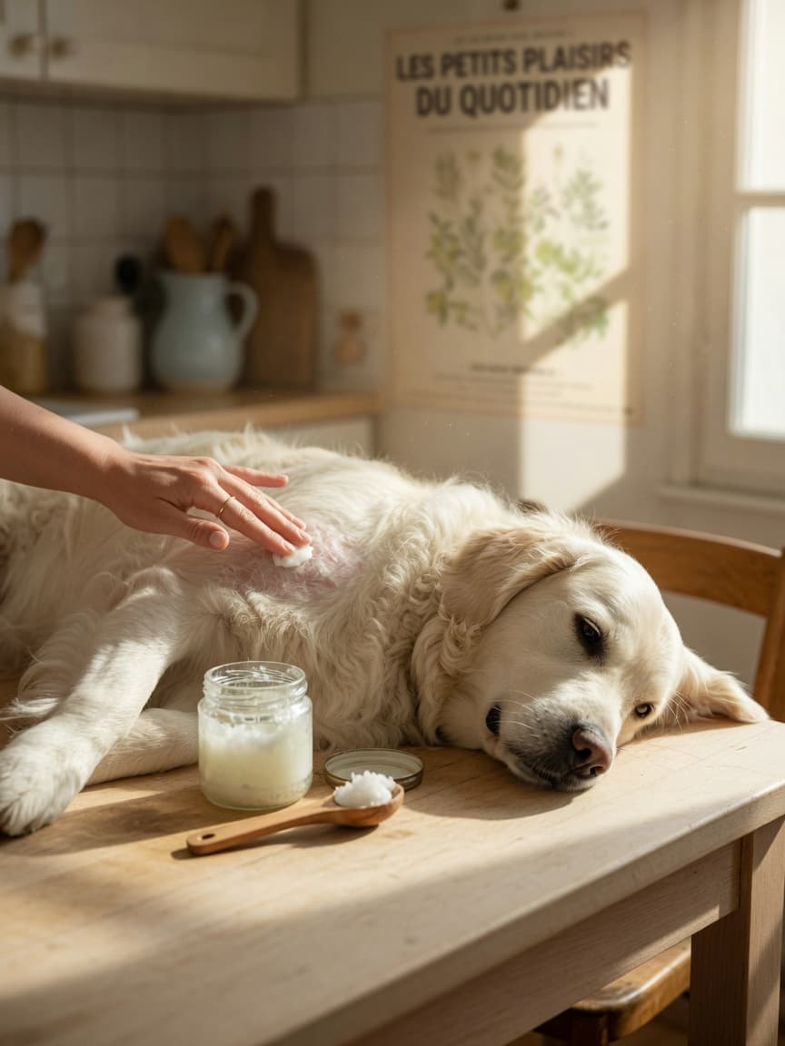 A golden retriever receiving topical coconut oil application to dry skin, with a jar and measuring spoon on a kitchen table in natural light.
